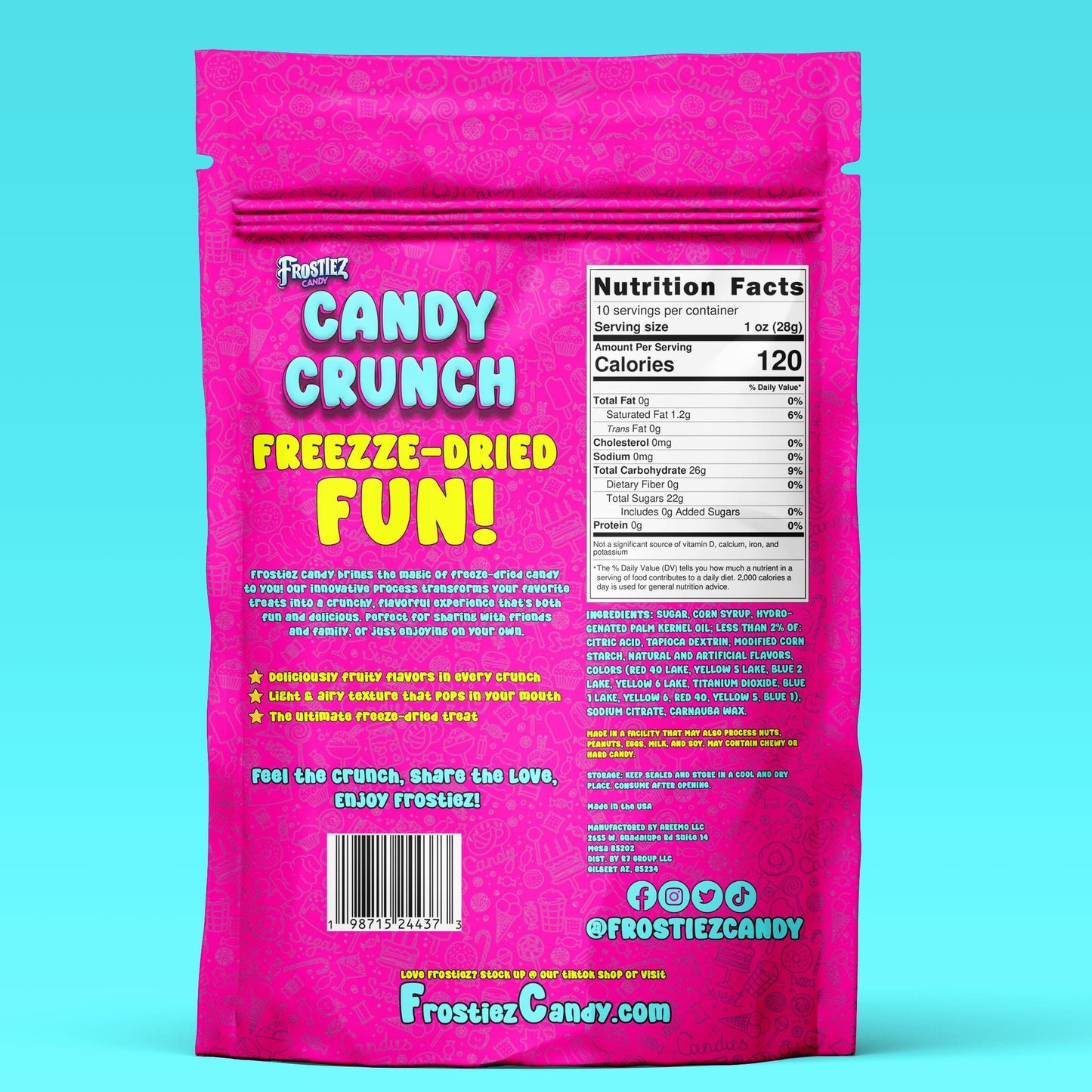 Frostiez Candy - 9oz Large Size - Rainbow Candy Crunch! - Freeze Dried Skittles Backside